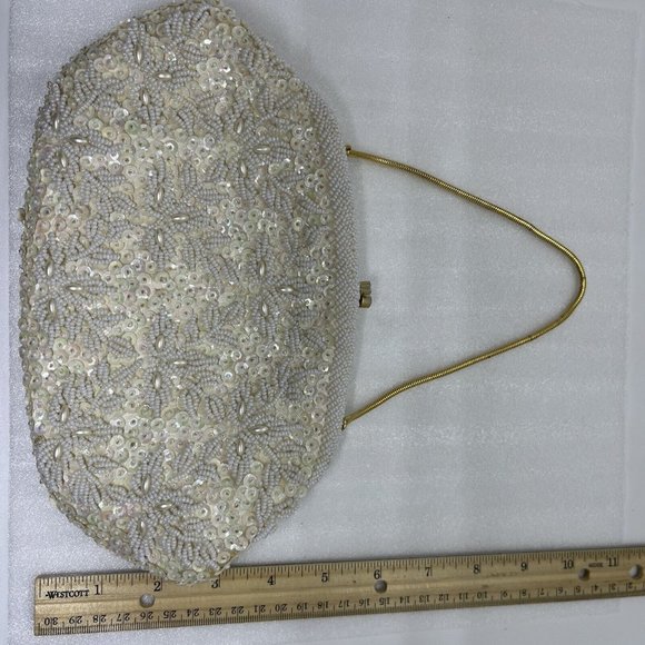 Vintage Beaded Purse Kiss Lock Bags by Debbie Cream White Shimmer Gold 9.5x5.5” - Picture 13 of 16